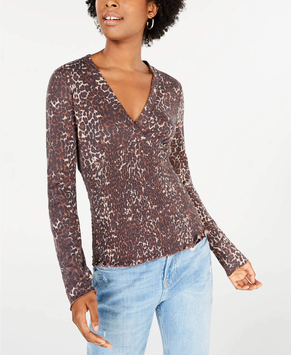 Blusa estampada com babados para calouros e juniores, tamanho extragrande, marrom