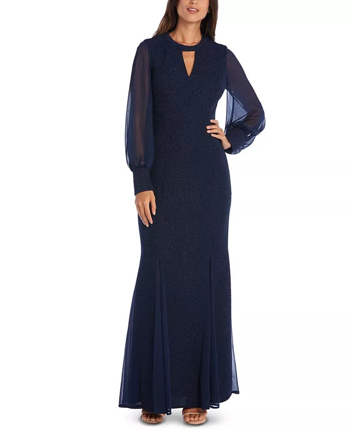 Vestido de noite feminino de manga comprida com decote em V azul-marinho, tamanho 10