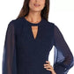 Vestido de noite feminino de manga comprida com decote em V azul-marinho, tamanho 10