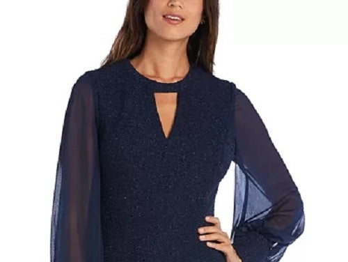 Vestido de noite feminino de manga comprida com decote em V azul-marinho, tamanho 10