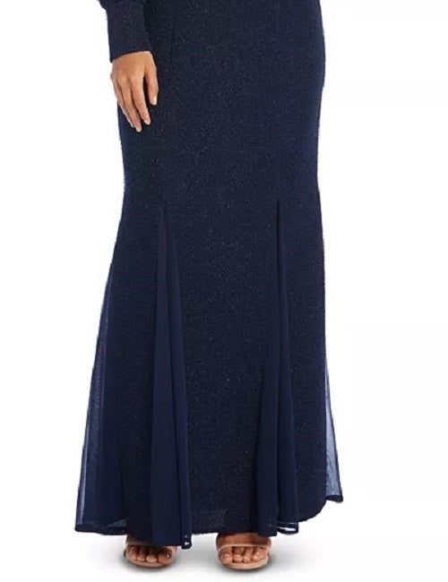 Vestido de noite feminino de manga comprida com decote em V azul-marinho, tamanho 10