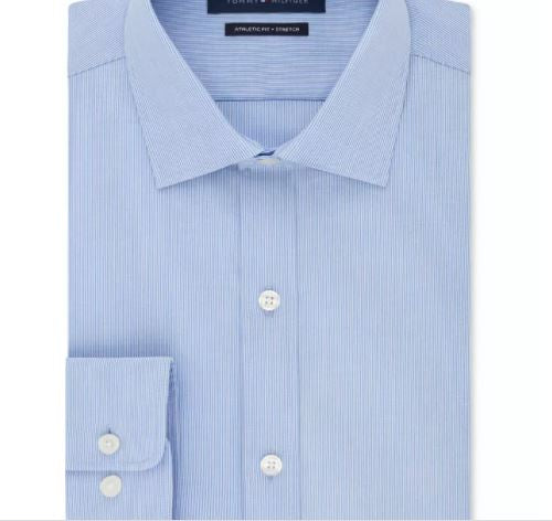 Camisa social Tommy Hilfiger masculina com ajuste atlético e desempenho elástico, gola flexível, listrada, azul brilhante, tamanho 15,5 x 34 x 35