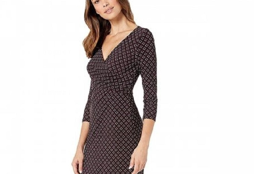 Vestido Ralph Lauren estampado em jersey fosco Cleora manga comprida para o dia (preto/ameixa-paixão/creme) tamanho 18