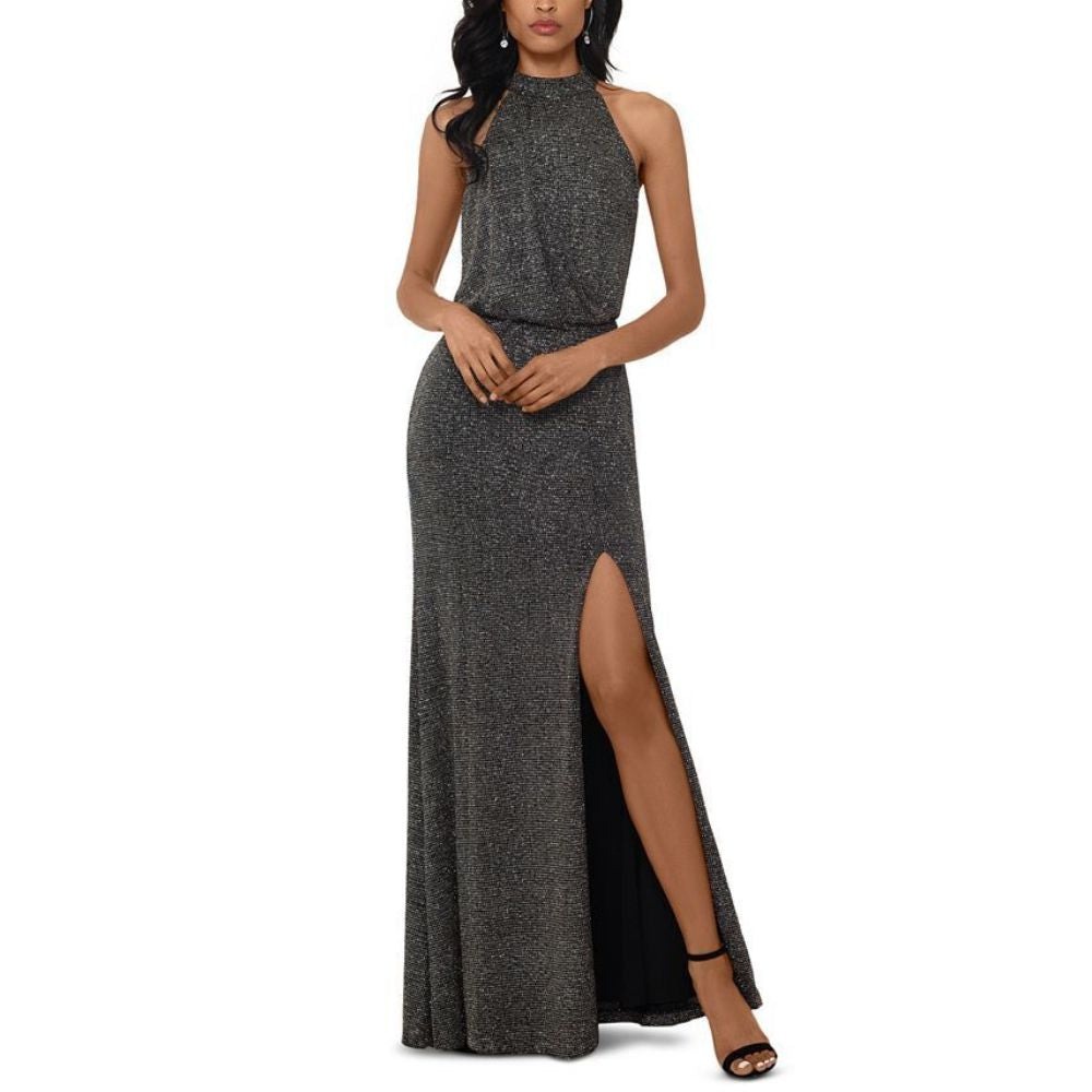 Vestido metálico feminino Xscape, preto, tamanho 14