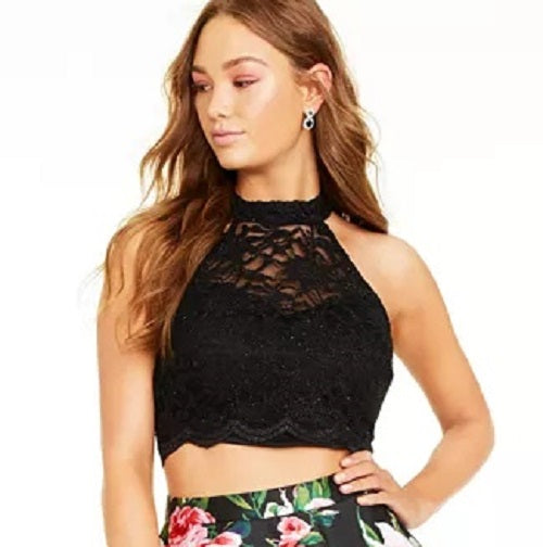 Top de renda e saia com estampa floral City Studios Juniors, tamanho 1, rosa médio