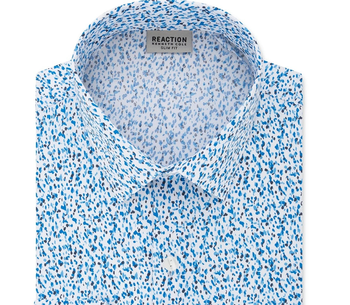Camisa social masculina Kenneth Cole Reaction All Day Flex Slim-Fit Performance Stretch estampada azul tamanho 14,5 x 32-33