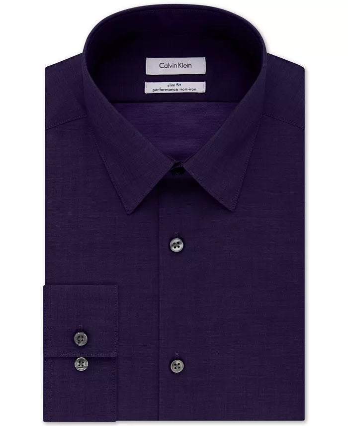 Camisa social masculina Calvin Klein Steel Slim Fit, sem passar roupa, com gola espinha de peixe, roxa, tamanho 16x34-35