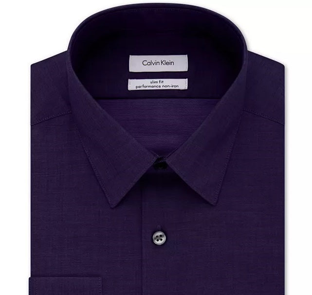 Camisa social masculina Calvin Klein Steel Slim Fit, sem passar roupa, com gola espinha de peixe, roxa, tamanho 16x34-35