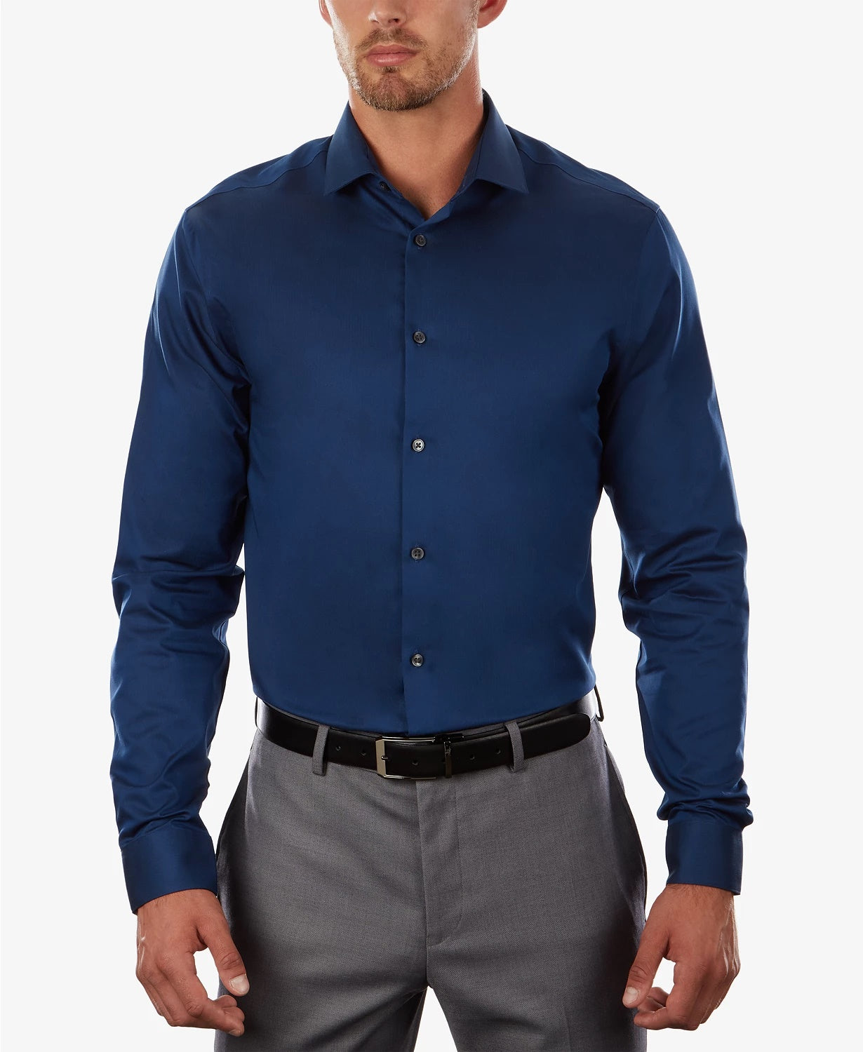 Camisa social Calvin Klein masculina Steel Extra-Slim Fit, sem passar, com padrão espinha de peixe, tamanho médio, azul, tamanho 32-33