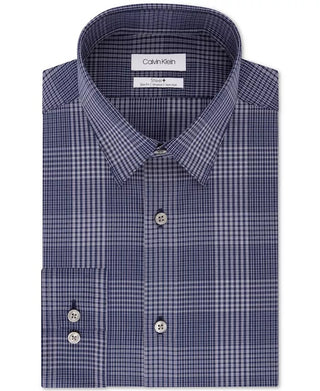 Camisa social masculina Calvin Klein Steel Slim Fit Stretch Performance, sem necessidade de passar, com regulagem de temperatura, azul xadrez, tamanho marinho, 36x37