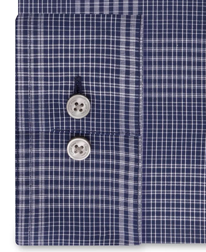 Camisa social masculina Calvin Klein Steel Slim Fit Stretch Performance, sem necessidade de passar, com regulagem de temperatura, azul xadrez, tamanho marinho, 36x37