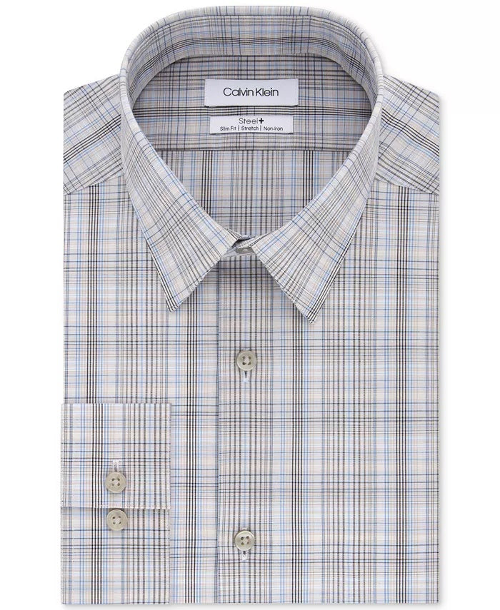 Camisa social xadrez Calvin Klein masculina slim fit stretch, bege, tamanho 34-35