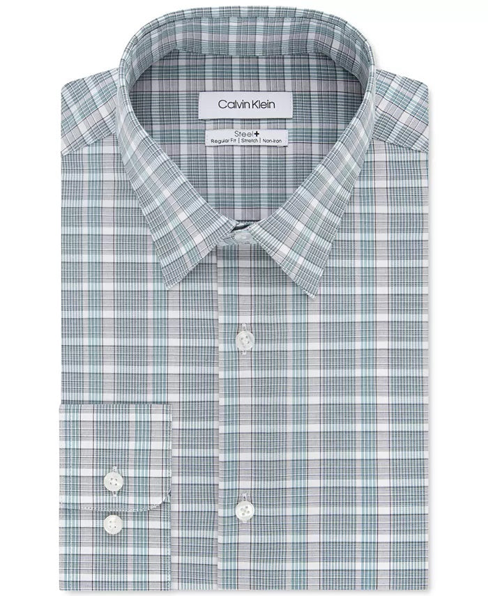 Camisa social masculina Calvin Klein Steel Classic/Regular-Fit, sem passar, com elástico, xadrez verde, tamanho 32-33