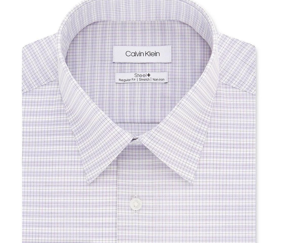 Camisa social masculina Calvin Klein Steel Classic/Regular-Fit, sem necessidade de passar, com estampa elástica, xadrez, roxa, tamanho 17x34-35