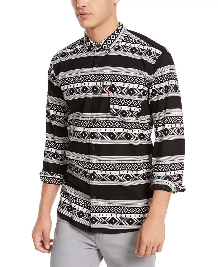 Camisa Levi's Norte Regular Fit Geo Stripe Masculina Cinza Tamanho P