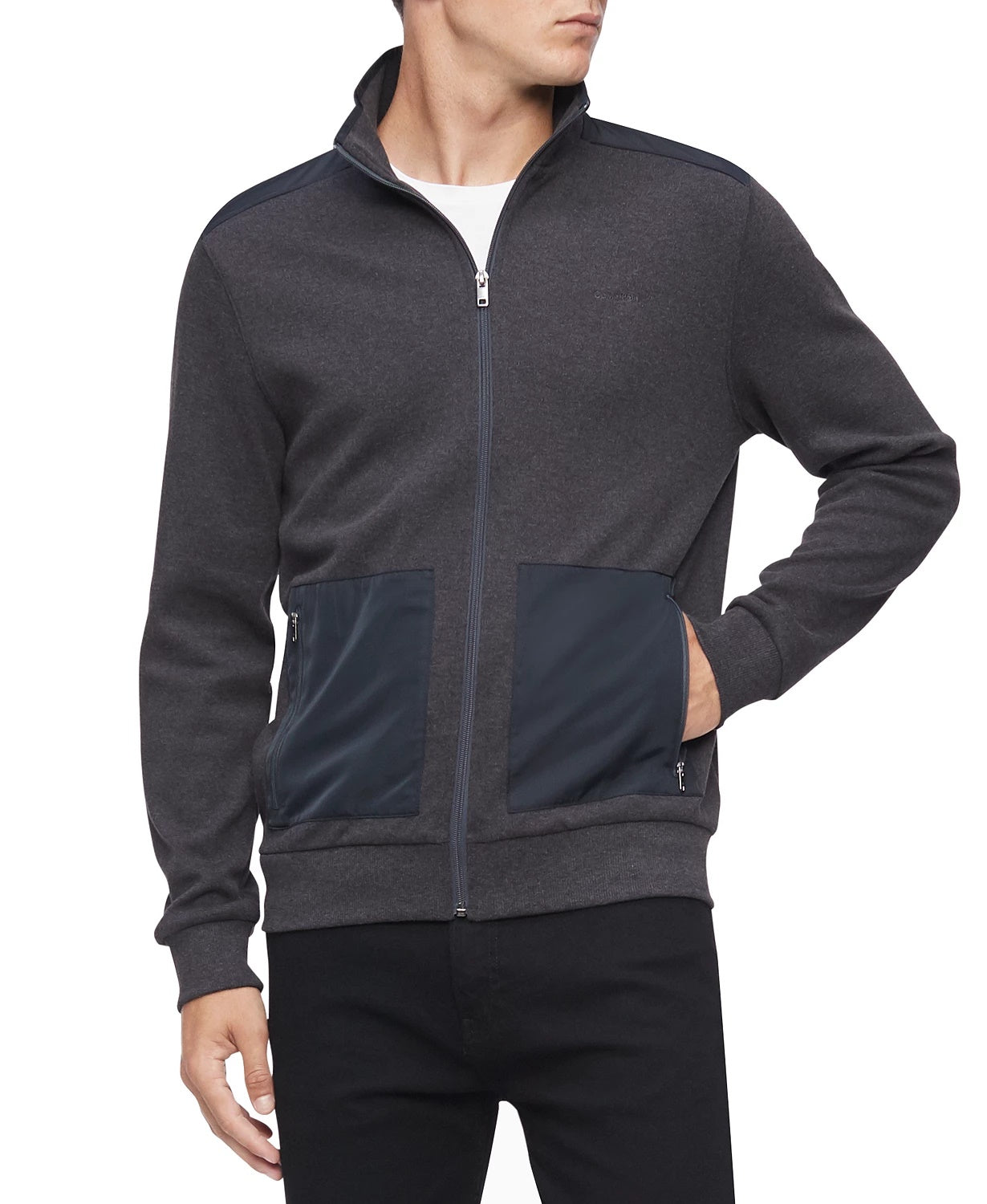 Calvin Klein Moletom Masculino Regular Fit Mix-Media com Zíper Completo Cinza Tamanho XX-G