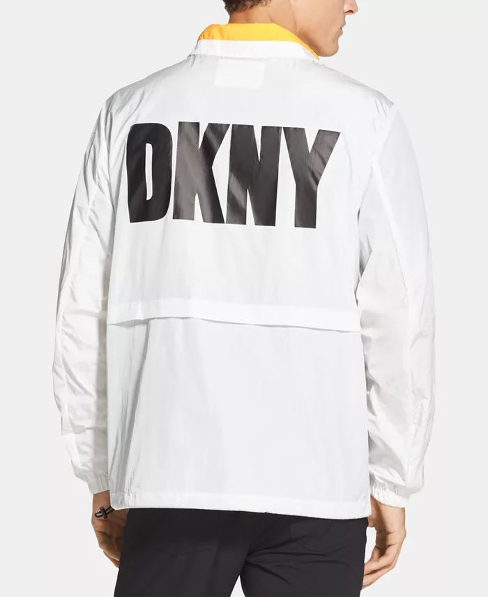 Jaqueta masculina DKNY com estampa de logotipo e zíper 1/4, branca, tamanho X-G
