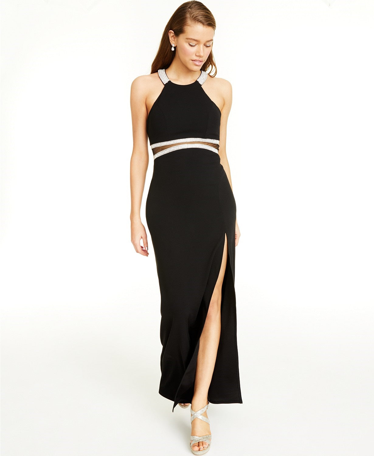 Vestido de festa infantil com decote halter e cintura ilusionista, cor preta, tamanho 1, com lantejoulas