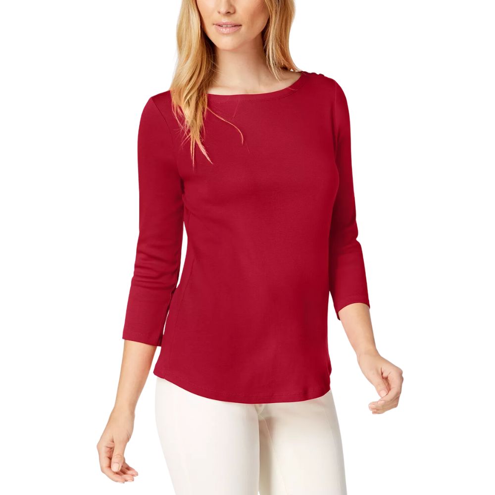 Charter Club Top feminino de algodão Pima com decote canoa e botões, vermelho, tamanho X-S