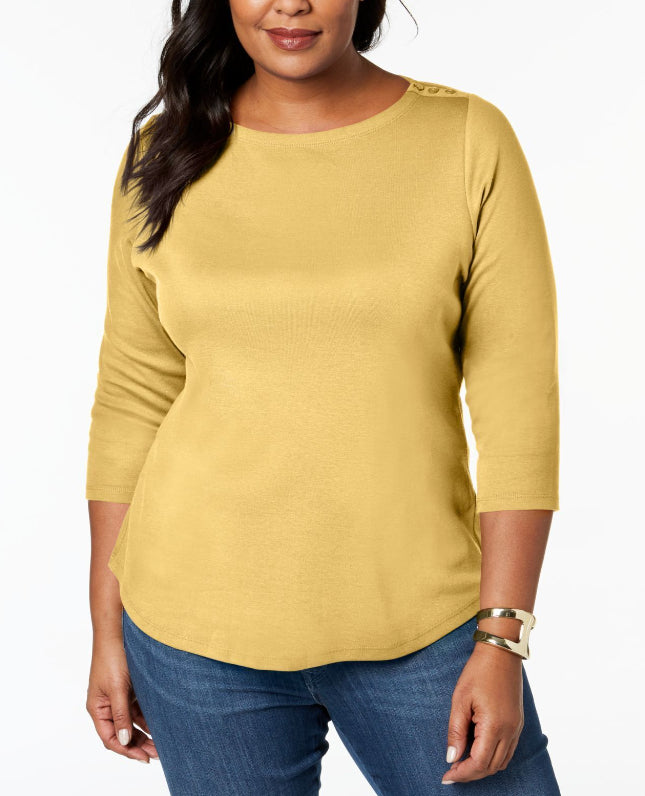 Charter Club Petite Pima Cotton Top com botões e ombros de fora, tamanho pequeno e pequeno, amarelo