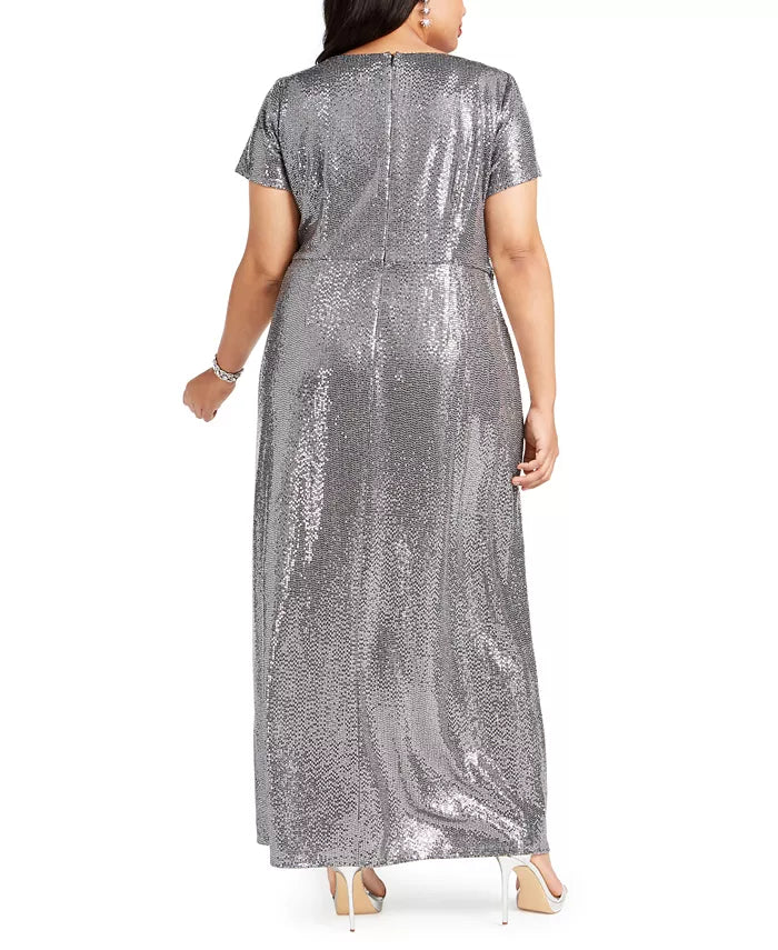 Vestido longo feminino plus size com lantejoulas e drapeado, tamanho 14, prata, R&amp;M Richards