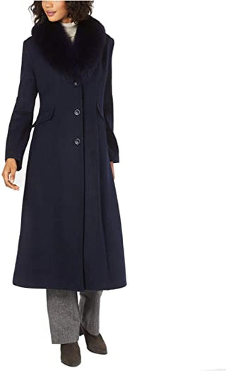 Forecaster Women's Fox-Fur-Collar Maxi Reefer Coat Navy Size 4