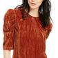Blusa feminina Leyden de veludo amassado com manga bufante, marrom, tamanho médio