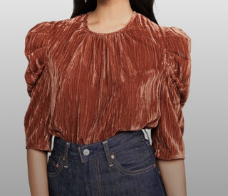Blusa feminina LEYDEN de veludo amassado com manga bufante, marrom, tamanho pequeno