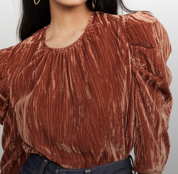 Blusa feminina LEYDEN de veludo amassado com manga bufante, marrom, tamanho pequeno