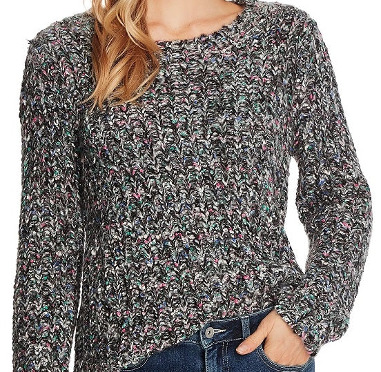 Suéter feminino Cece de manga comprida multicolorido com gola redonda, preto e cinza, tamanho médio