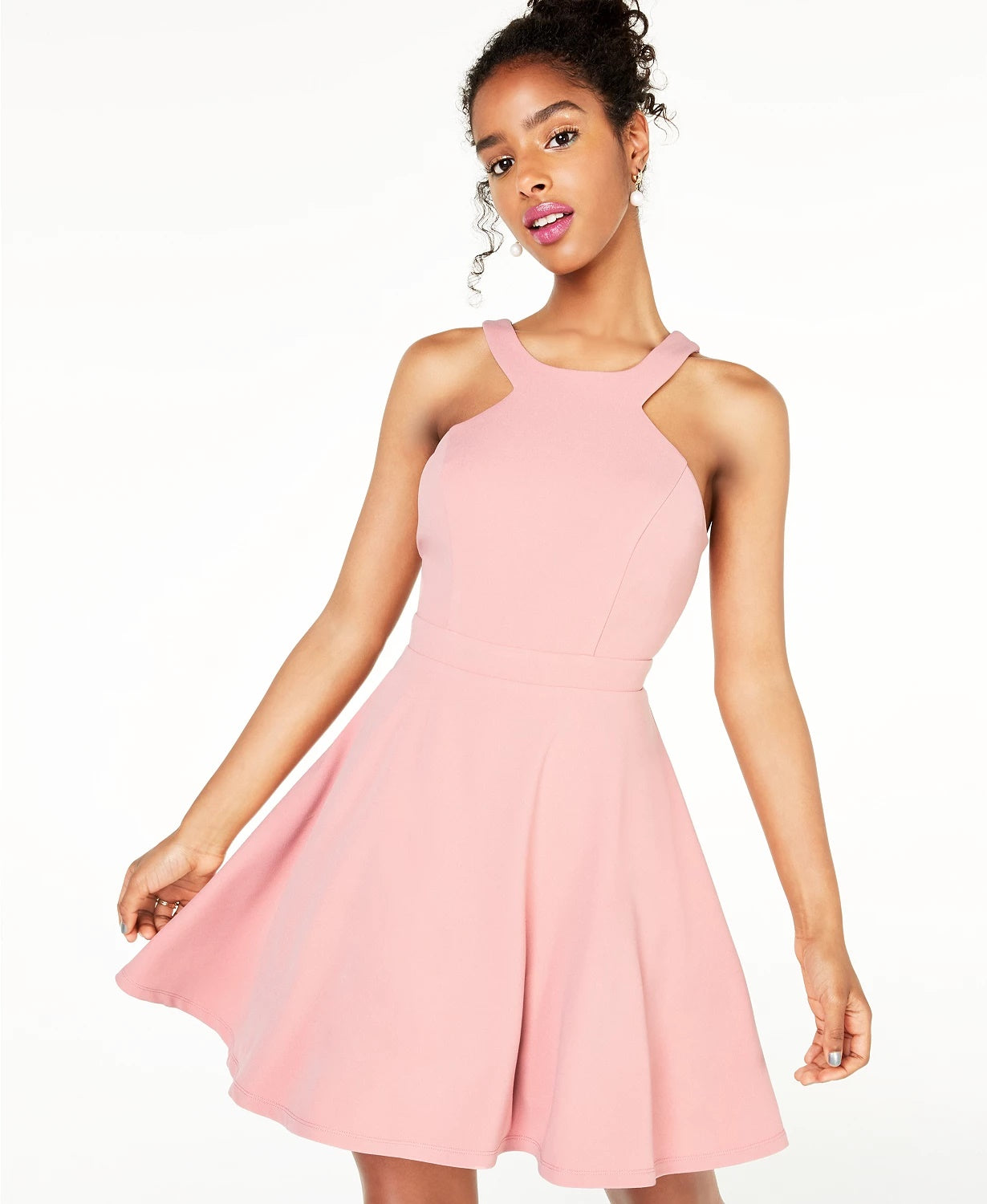 Vestido de renda com costas abertas e ajuste evasê City Studios Juniors, rosa, tamanho 9