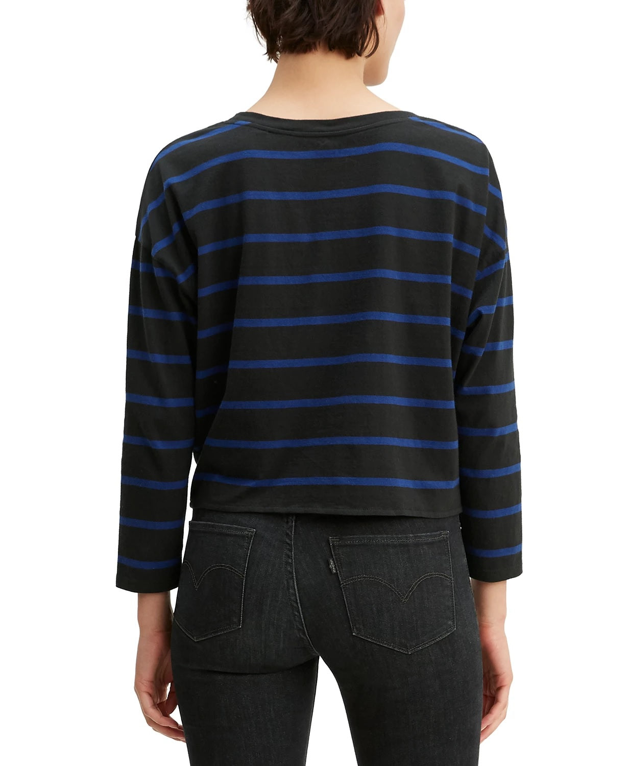 Blusa de algodão Levi's Greta listrada com bainha amarrada, preta, tamanho pequeno, feminina