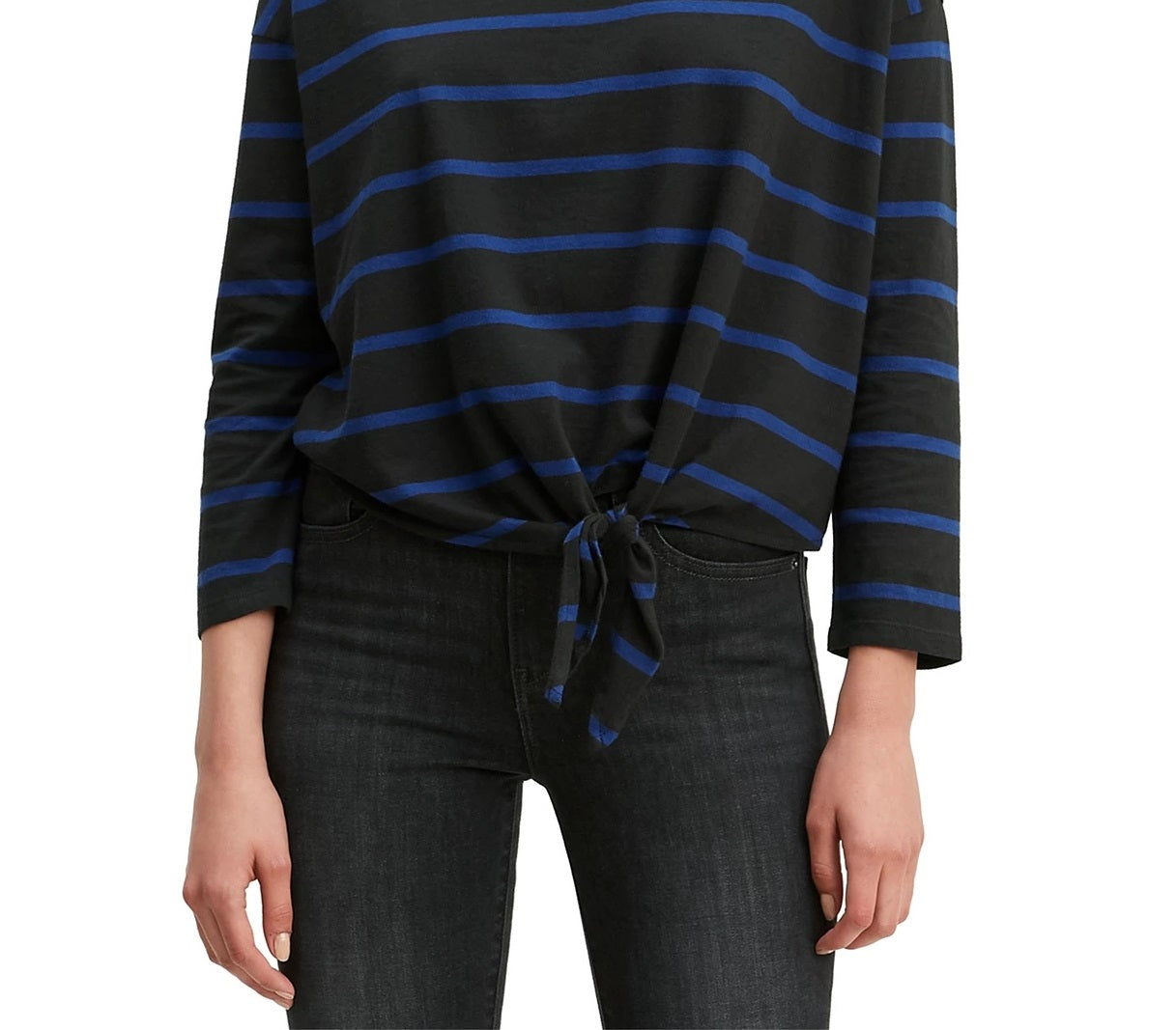 Blusa de algodão Levi's Greta listrada com bainha amarrada, preta, tamanho pequeno, feminina