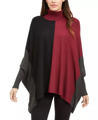 Alfani Suéter Poncho Feminino Petite Gola Alta Colorblock Vermelho Escuro Tamanho Petite