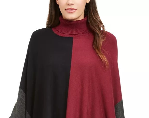 Alfani Suéter Poncho Feminino Petite Gola Alta Colorblock Vermelho Escuro Tamanho Petite