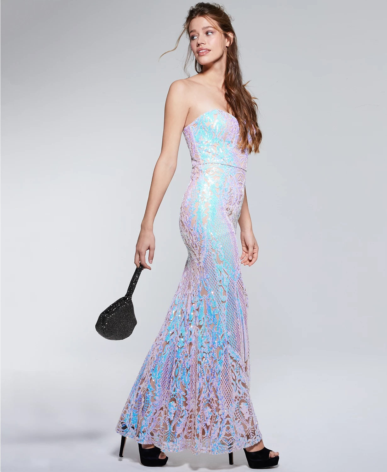 Vestido de festa infantil Say Yes To The Prom com lantejoulas iridescentes e sereia, turquesa/água, tamanho 7
