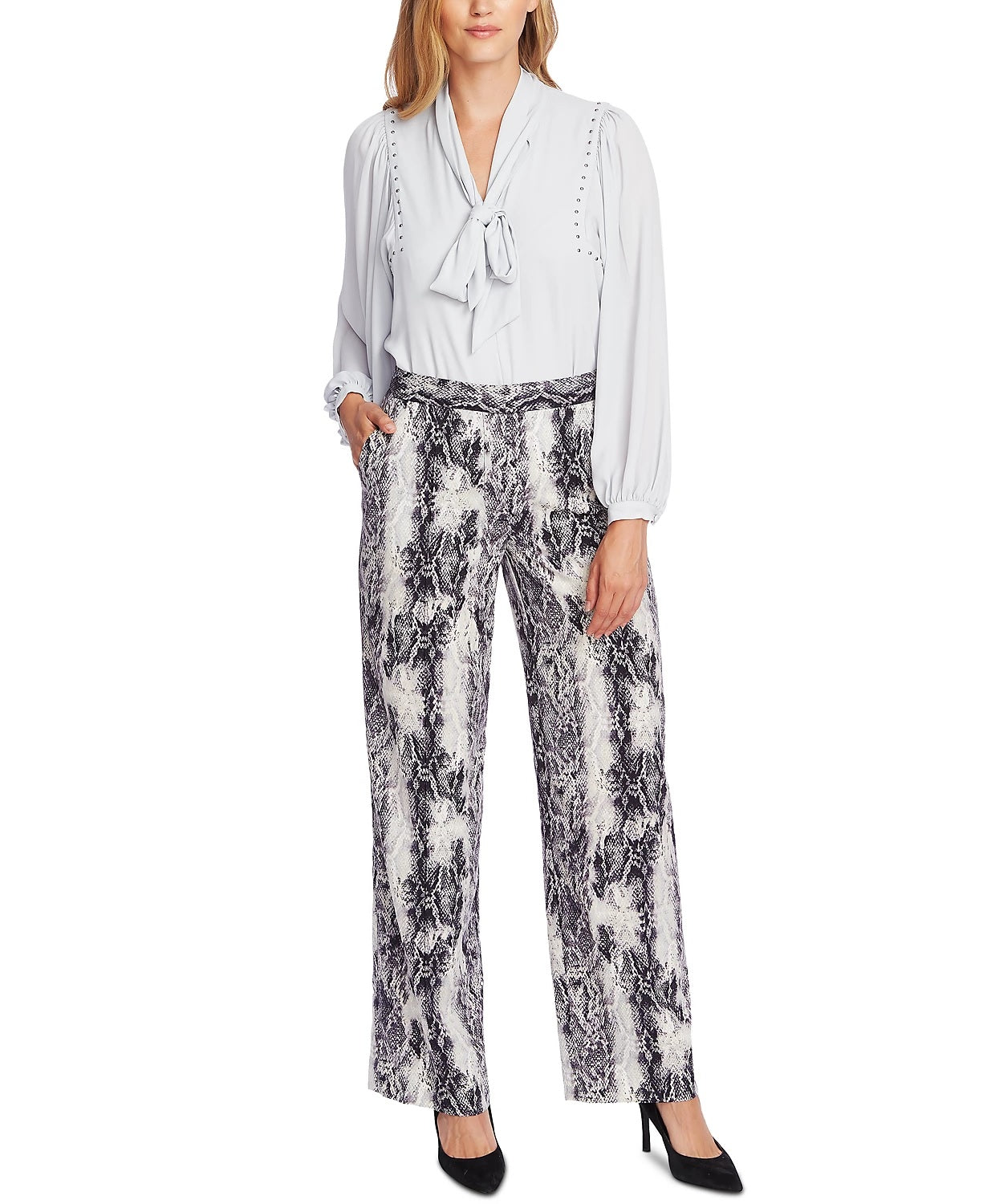 Calça feminina Vince Camuto com estampa de cobra e perna larga, cinza, tamanho 0