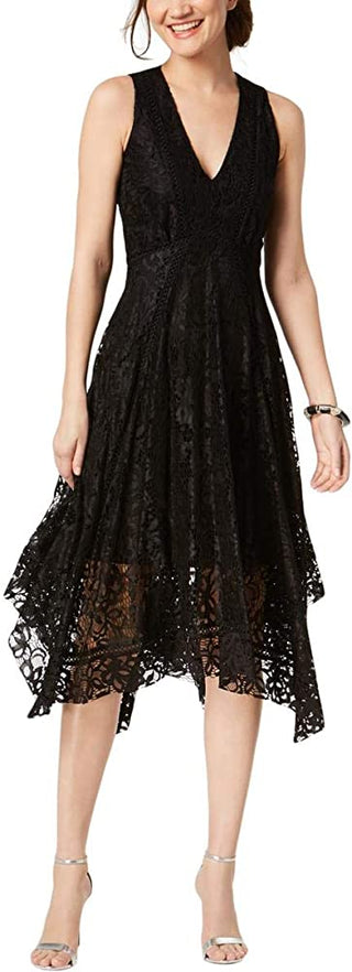 Vestido feminino Taylor estampado com bainha de lenço e renda, preto, tamanho 4