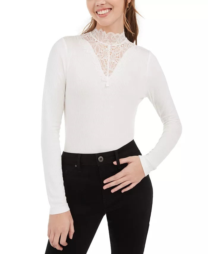 American Rag Junior's Illusion Lace Mock Neck Top Branco Tamanho Pequeno