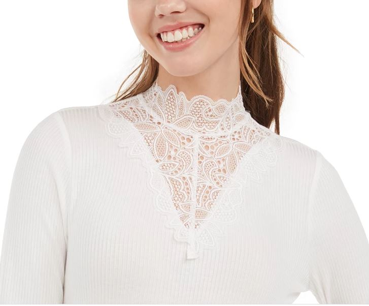 American Rag Junior's Illusion Lace Mock Neck Top Branco Tamanho Pequeno