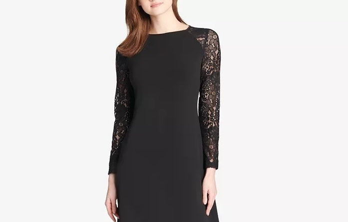 Vestido feminino Tommy Hilfiger com manga de renda e corte A, preto, tamanho 14