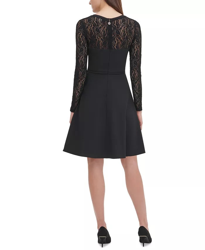 Vestido Tommy Hilfiger Feminino com Manga de Renda e Ajuste Flare, Preto, Tamanho 14
