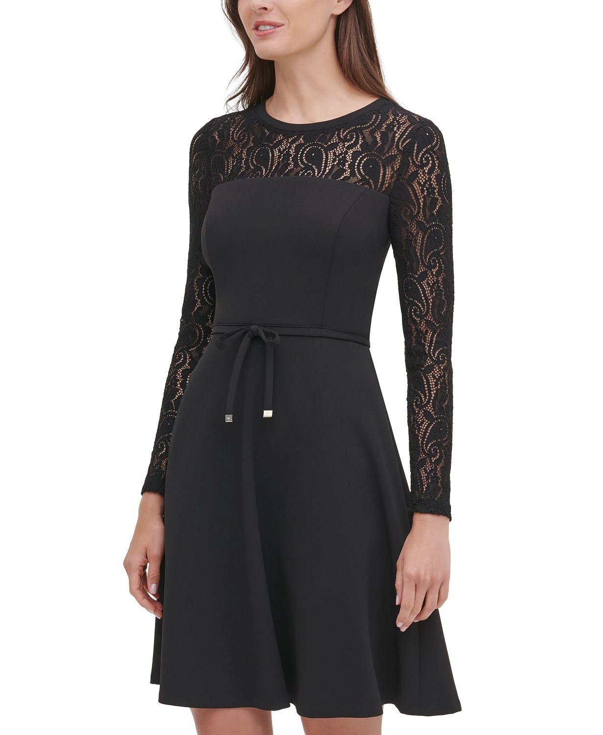 Vestido Tommy Hilfiger Feminino com Manga de Renda e Ajuste Flare, Preto, Tamanho 14