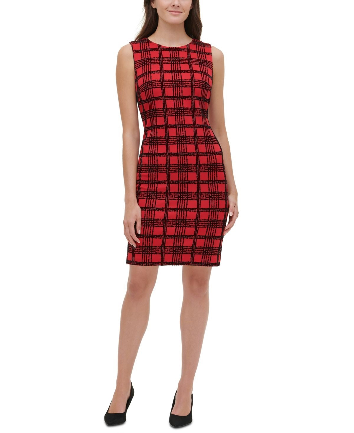 Vestido de mergulho xadrez flocado de veludo feminino Tommy Hilfiger, vermelho, tamanho 4