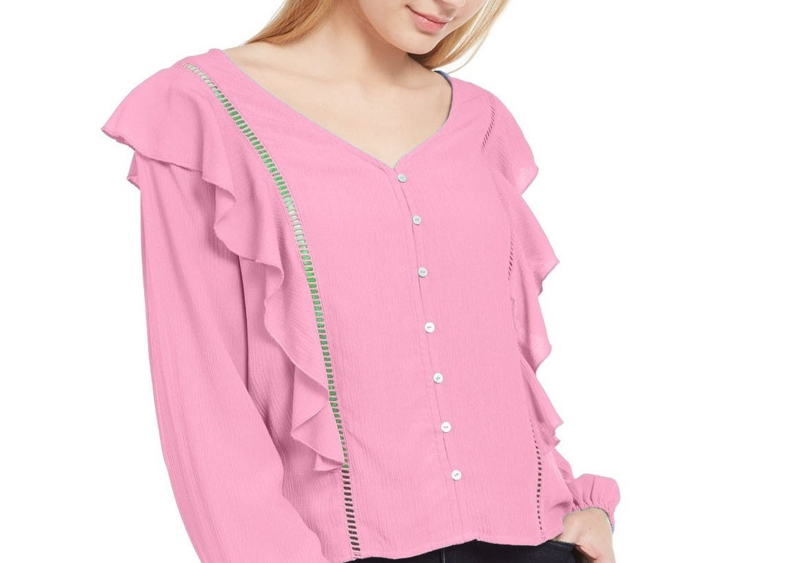 Top com babados em jacquard Planet Gold Juniors, rosa, tamanho pequeno