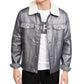 Jaqueta Motociclista Masculina Michael Kors Prata Metálica Denim Gola de Carneiro Tamanho Grande