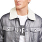 Jaqueta Motociclista Masculina Michael Kors Prata Metálica Denim Gola de Carneiro Tamanho Grande
