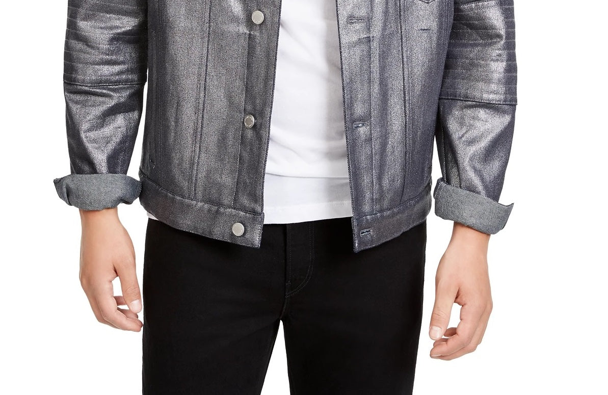 Jaqueta Motociclista Masculina Michael Kors Prata Metálica Denim Gola de Carneiro Tamanho Grande