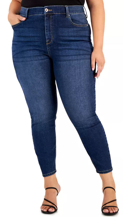 Calça jeans skinny cropped plus size rosa feminina, tamanho 22W, azul, cintura alta