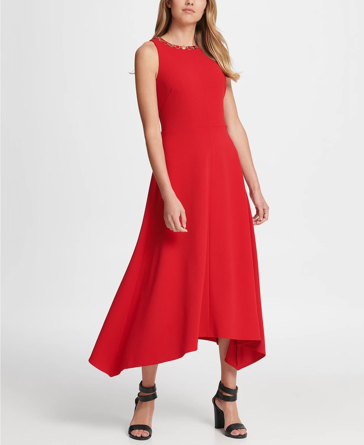 Vestido midi feminino DKNY com decote em V dourado e acabamento em renda, tamanho 10, vermelho